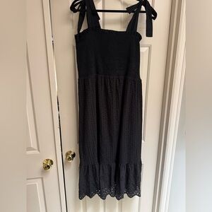 Black Smocked Eyelet Midi Dress